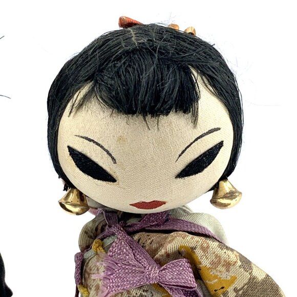 Asian Hand Made Folk Art Doll Family Wood Silk Cloth 6" Lot of 2 Vintage - Picture 5 of 11